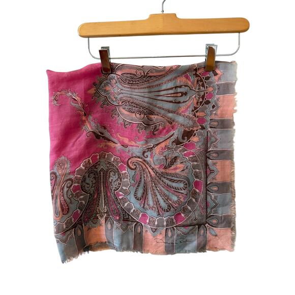 Vintage Oscar De La Renta Fringed Wool Scarf Peach Taupe Pink - Picture 1 of 8